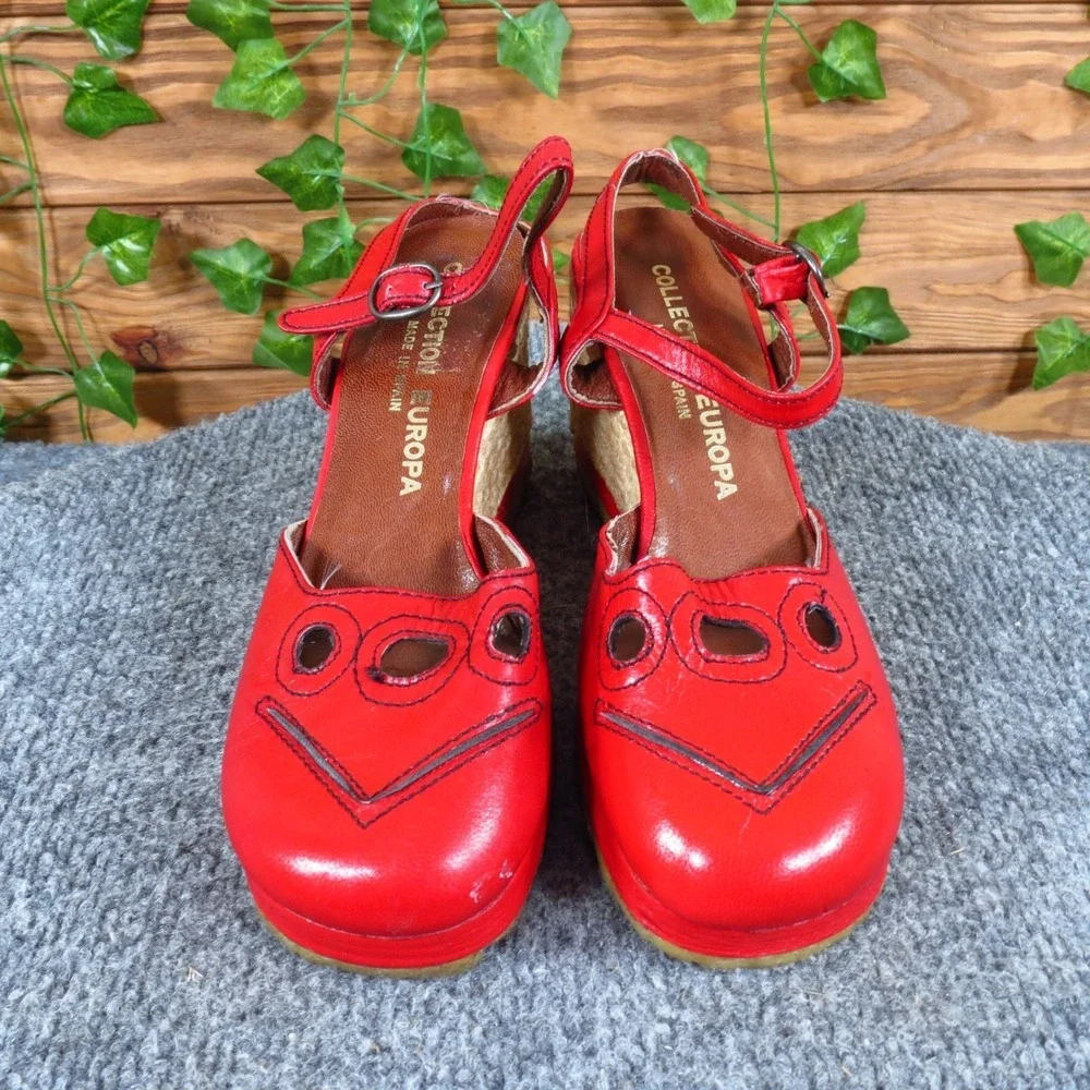 Collection‎ Europa Womens Wedge Espadrille Sandals Sz 7 Narrow Red Leather Spain